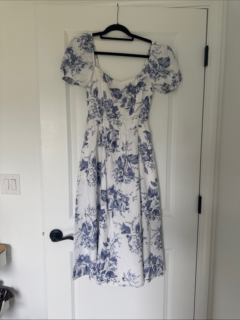 Reformation Davila Blue Floral Linen Puff-Sleeve Midi Dress